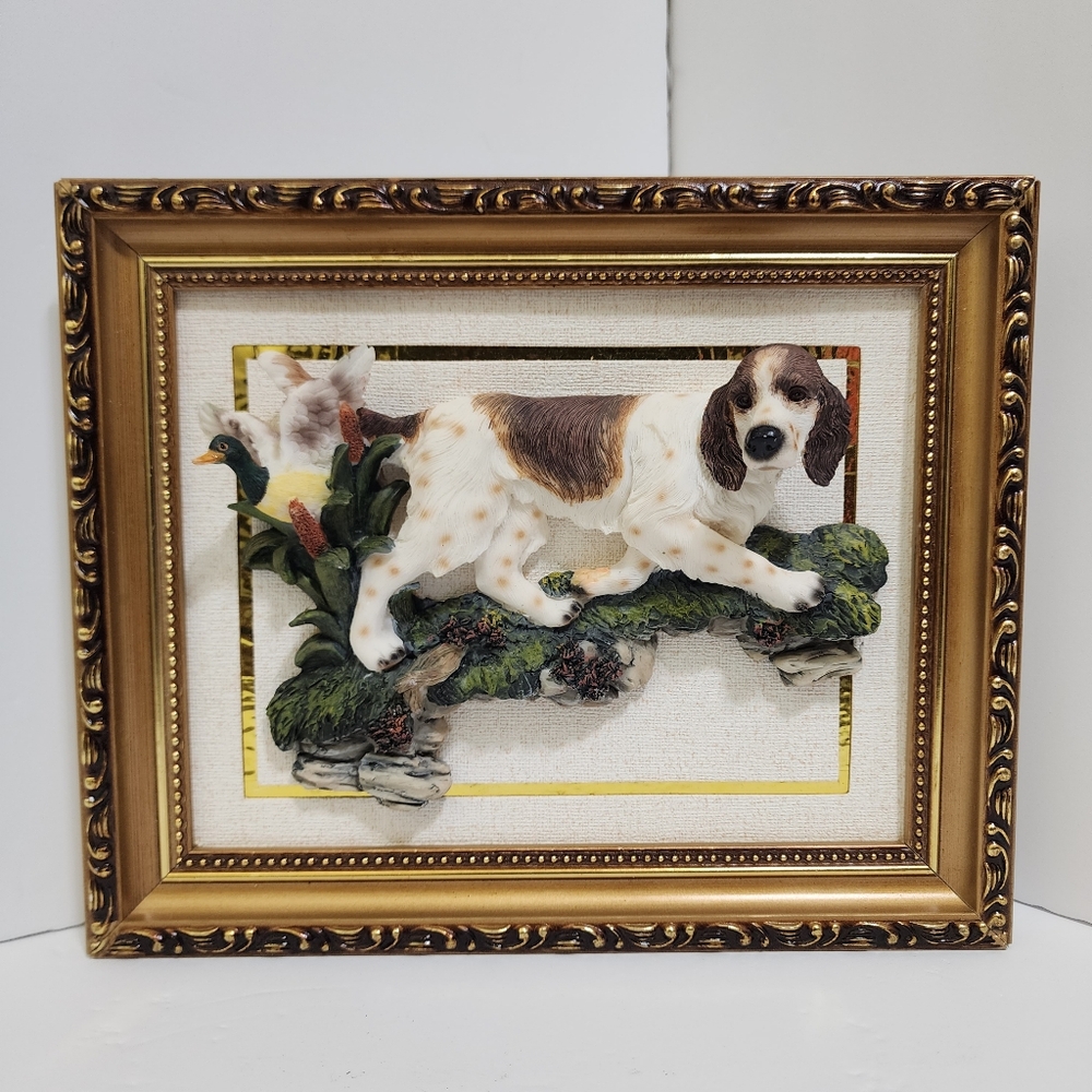Springer Spaniel and Duck Framed Porcelin Wall Art 3D EUC rare vintage